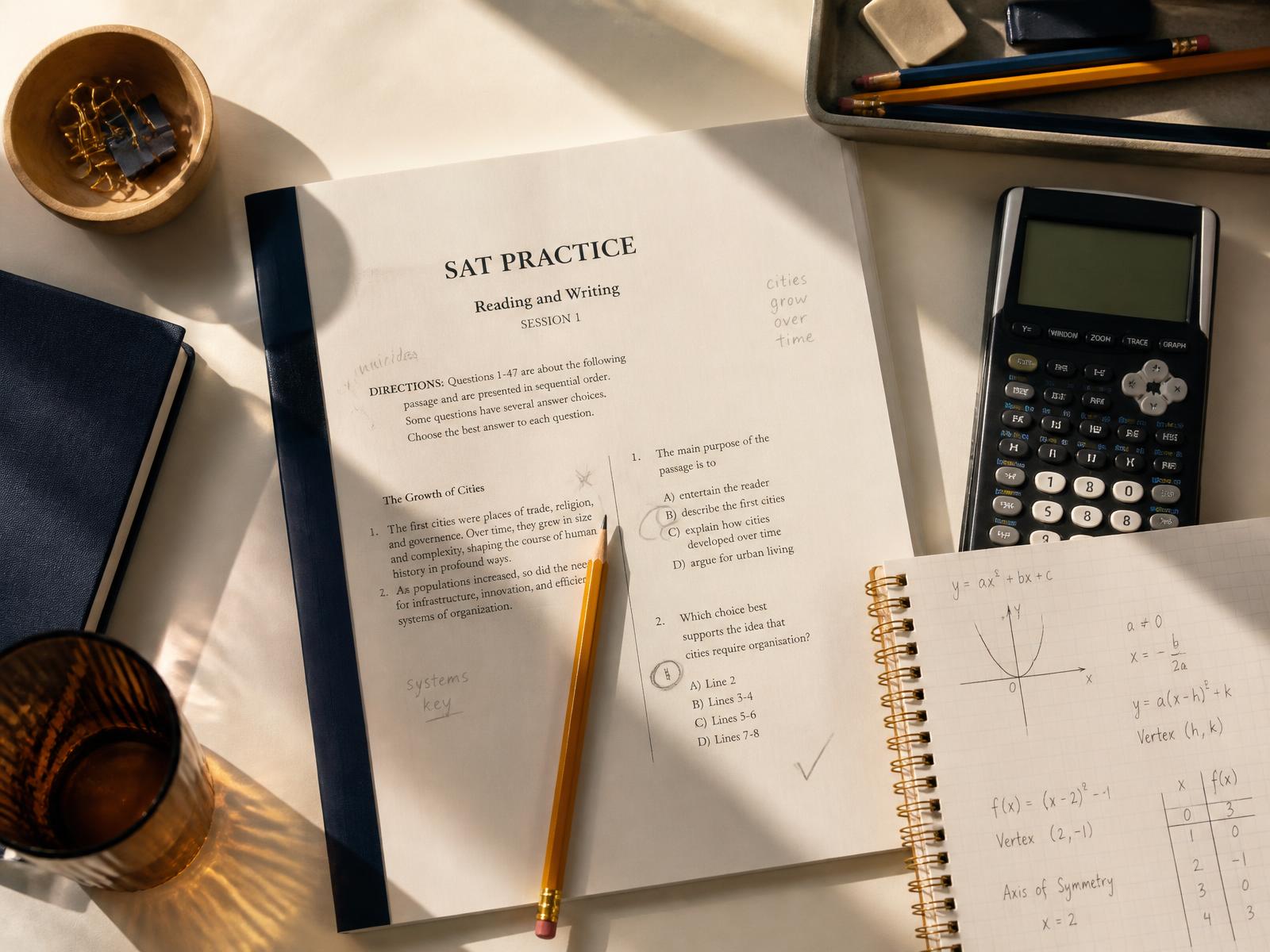SAT practice booklet, calculator, and handwritten math notes on a desk